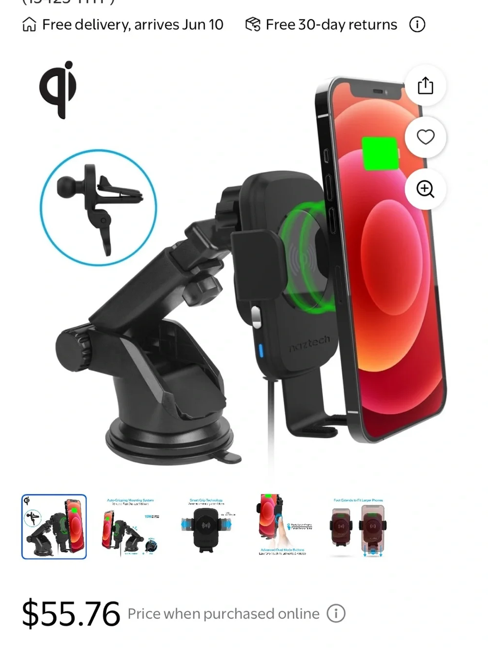 Naztech Smart Grip  Black Smart Grip Wireless Car Charging Mount